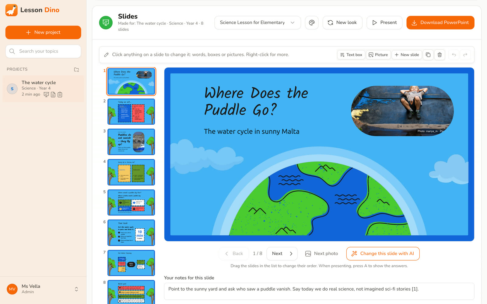 Lesson Dino's slide editor showing eight slides on the water cycle, with buttons for New look, Present and Download PowerPoint