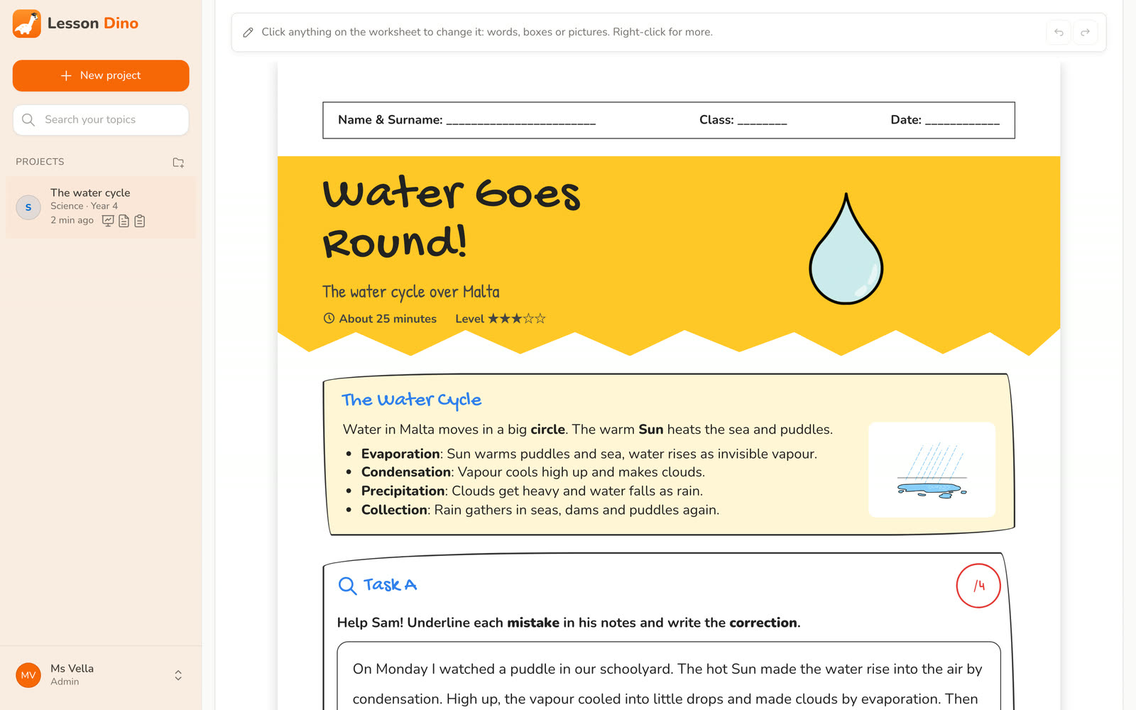 A printable worksheet titled Water goes round! with a fact box about the four stages and tasks for Year 4