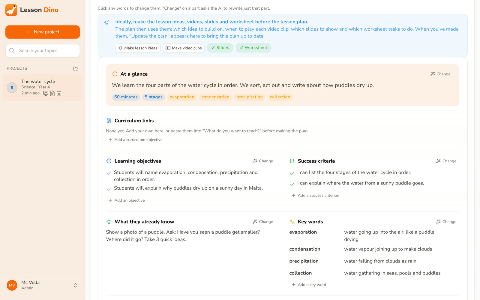 The lesson plan with learning objectives, success criteria, key words and what pupils already know